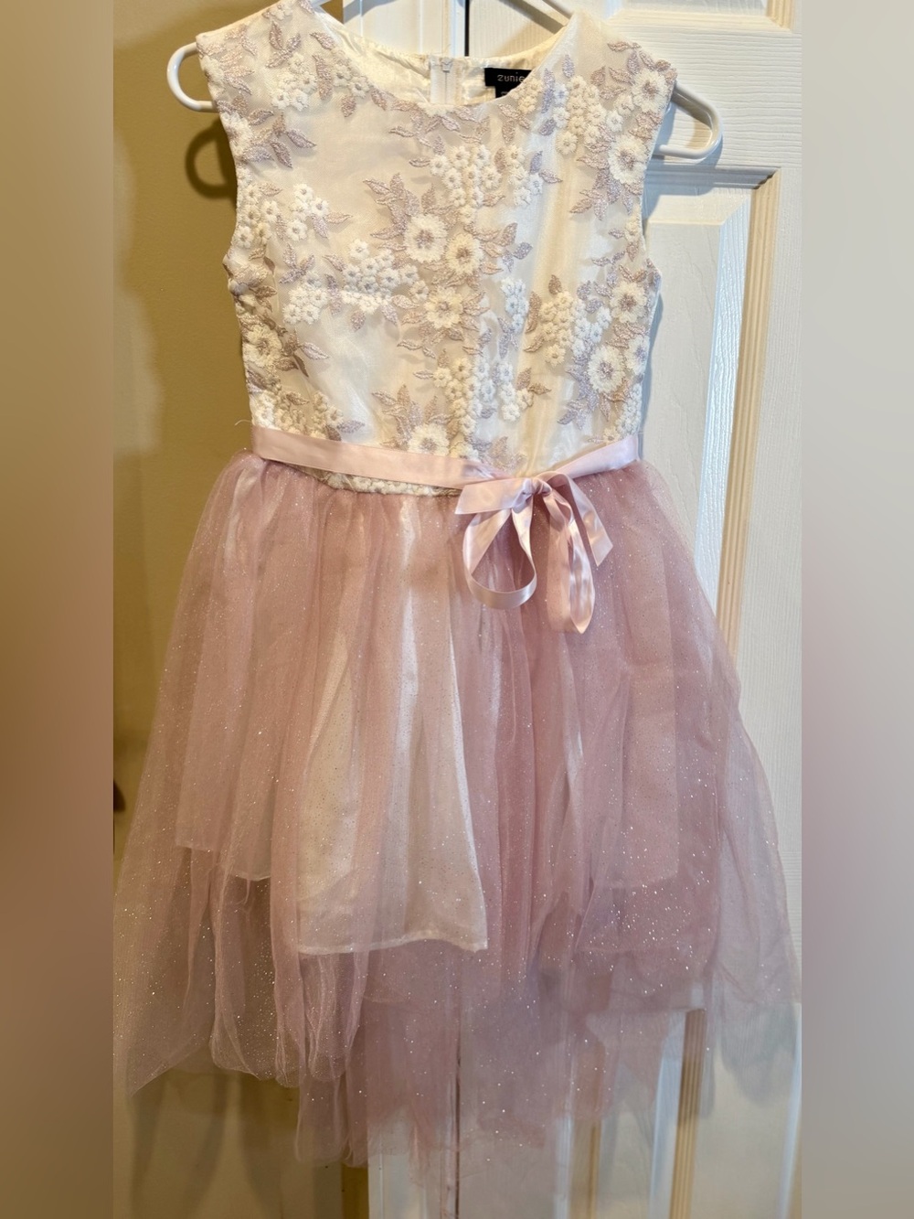 Zunie Girls Size 10 Blush Pink & Ivory Embroidered Hi-Low Easter Party Dress EUC